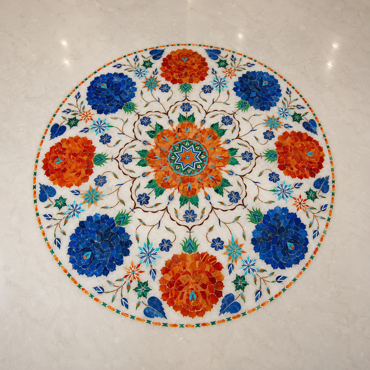 Luxury Blue And Orange Marble Inlay Floor Medallion