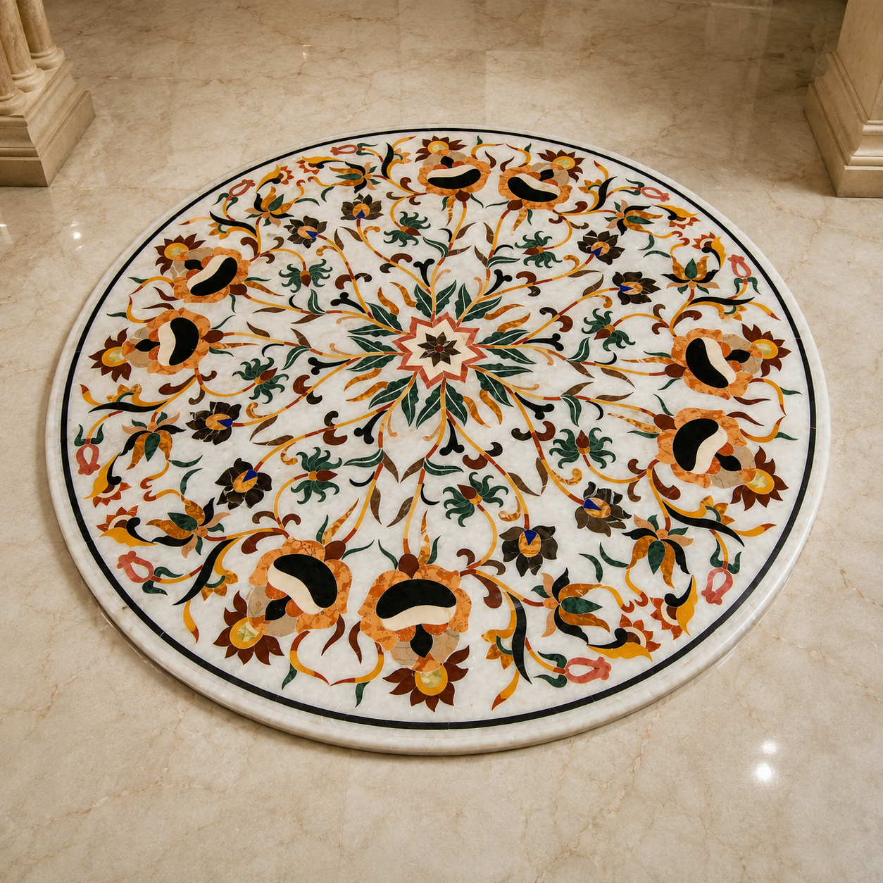 Luxury Marble Inlay Floral Medallion Table Top